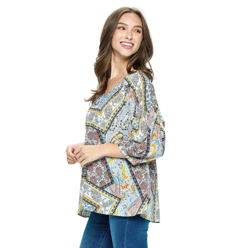24419 B Yak & Yeti Blouse Patchwork Print Pattern Blue Multi Various Sizes - Picture 2 of 3